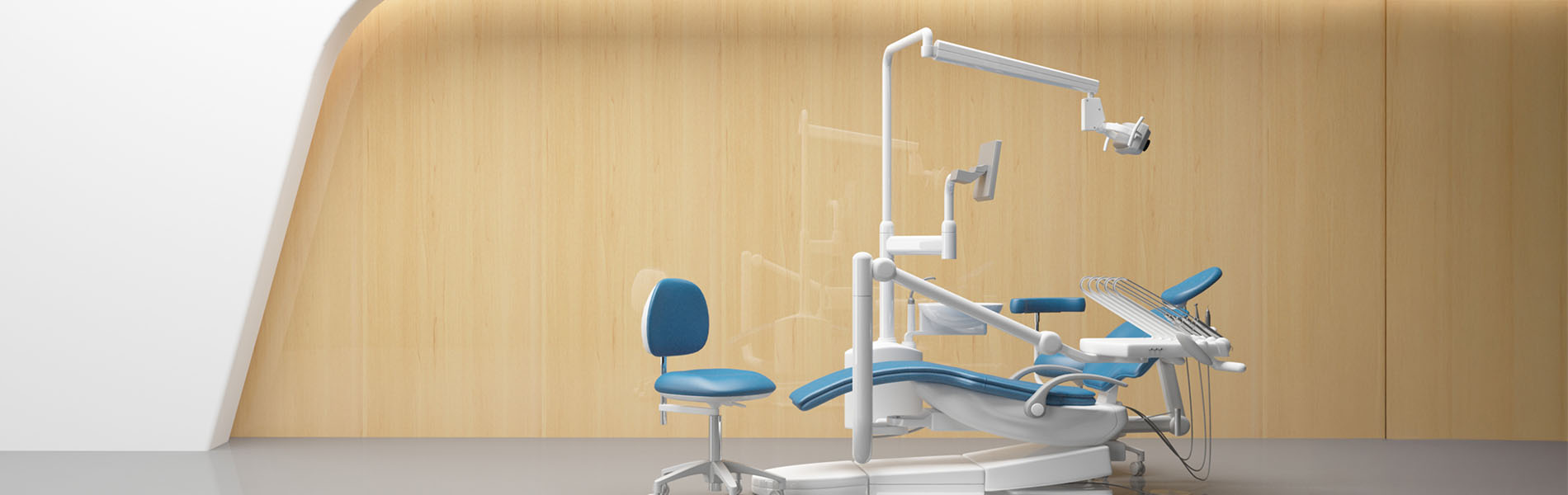 The image shows a modern dental clinic interior with various pieces of equipment, including a dental chair and an X-ray machine.